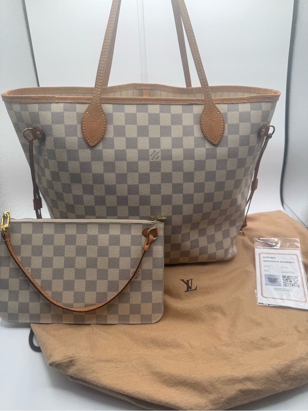 🔥Louis Vuitton Damier Azur Canvas Tote with wristlet and COA